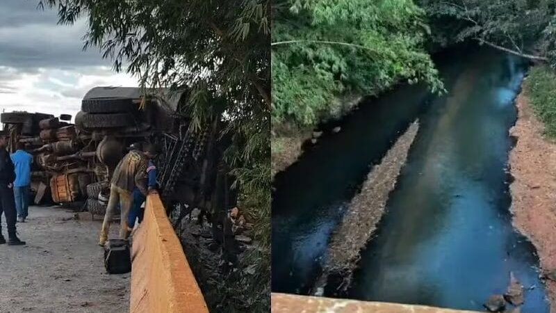 Caminhão carregado com piche tomba em córrego e deixa cidade em MT sem abastecimento de água