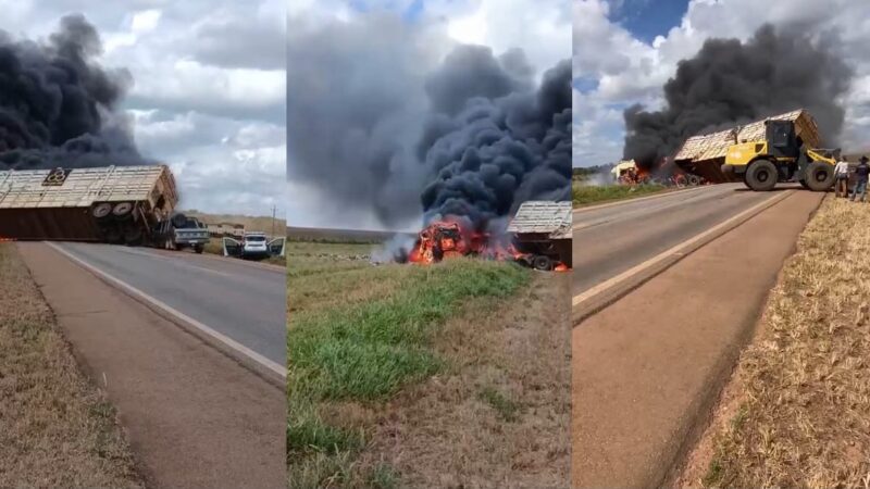 Acidente entre carretas, caminhonete e viatura da Polícia Militar deixa dois mortos em MT; vídeos